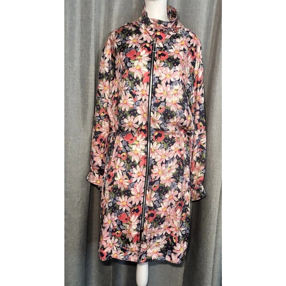 Zara Basic Jacket Windbreaker Floral Pink Hooded Zip Pockets Size Medium